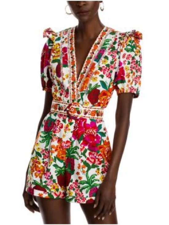 FARM Rio Pants - FARM Rio Flowerful Sketch Floral V-Neck Romper with Strawberry White Women Med